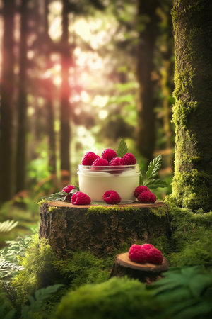 Raspberry yogurt in jar resting on mossy stump in forest settingの写真素材