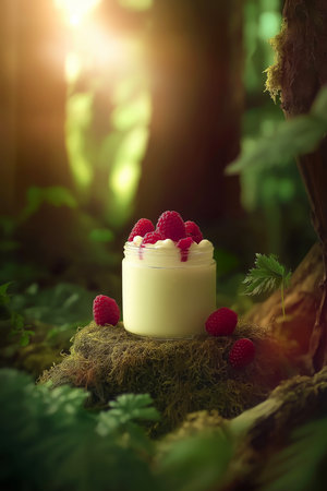Raspberry yogurt in jar resting on mossy stump in forest settingの写真素材