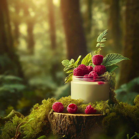 Raspberry yogurt in jar resting on mossy stump in forest settingの写真素材
