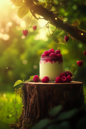 Raspberry yogurt in jar resting on mossy stump in forest settingの写真素材