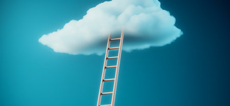 Ladder leading to white cloud in teal sky: surreal concept of growth and progressの写真素材
