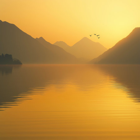 Birds flying over lake at sunrise with golden light and mountainsの写真素材
