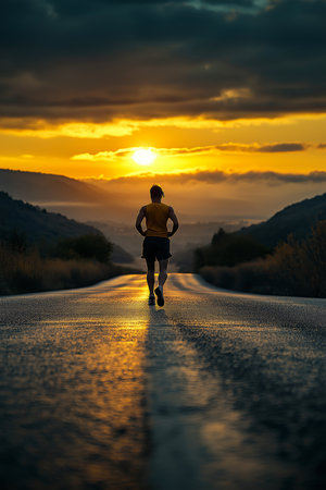 Athlete running on a wet road during a golden sunsetの写真素材