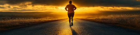Athlete running on a wet road during a golden sunset