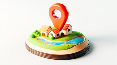 Location pin showing house location on island with grass and treesの写真素材