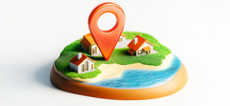 Location pin showing house location on island with grass and treesの写真素材