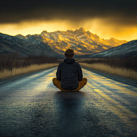 Athlete running on a wet road during a golden sunset