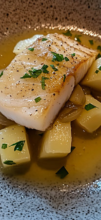 Delicious pan seared white perch fillets with roasted potatoes and lemon