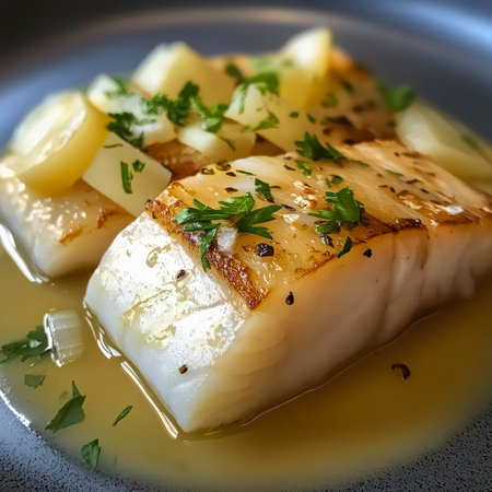 Delicious pan seared white perch fillets with roasted potatoes and lemonの写真素材
