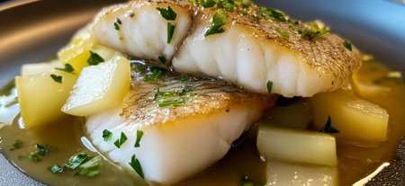 Delicious pan seared white perch fillets with roasted potatoes and lemon