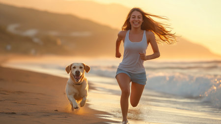 Young woman running with her dog on the beach at sunsetの写真素材