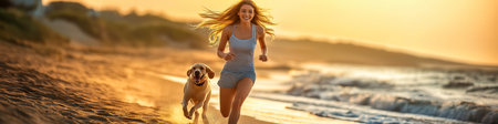 Young woman running with her dog on the beach at sunsetの写真素材