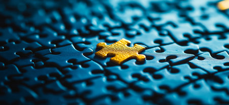 Golden puzzle piece completing blue jigsaw puzzle, concept of teamworkの写真素材