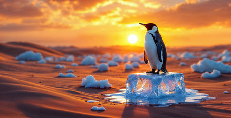 Lonely emperor penguin standing on melting ice at sunset, global warming concept. Emperor penguin standing on a melting iceberg in a hot environment at sunset, concept of global warming and climate changeの写真素材