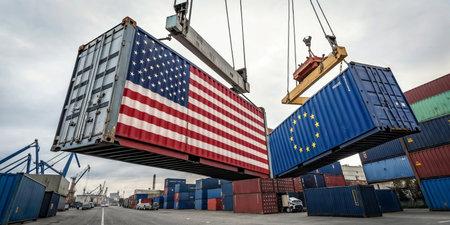 American and european union cargo containers clashing during trade war. Sparks flying between two cargo containers with the american and EU flags, representing trade war, tarrifs and economic conflictの写真素材