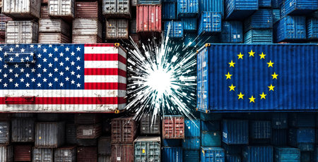 American and european union cargo containers clashing during trade war. Sparks flying between two cargo containers with the american and EU flags, representing trade war, tarrifs and economic conflictの写真素材