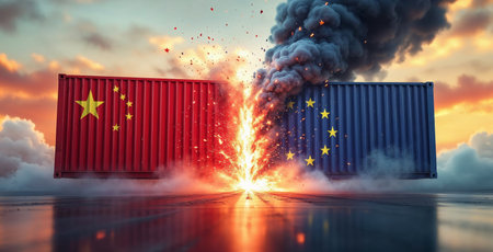 EU and chinese cargo containers clashing during trade war. Sparks flying between two cargo containers with the EU and chinese flags, representing trade war, tarrifs and economic conflictの写真素材