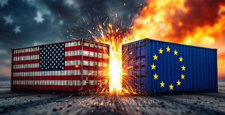 American and european union cargo containers clashing during trade war. Sparks flying between two cargo containers with the american and EU flags, representing trade war, tarrifs and economic conflictの写真素材