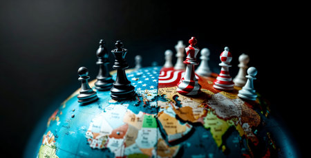American and chinese knight chess pieces facing off on world map representing international relations. Chess figurines with us and china flags facing off on world map, symbolizing global competition and economic conflictの写真素材