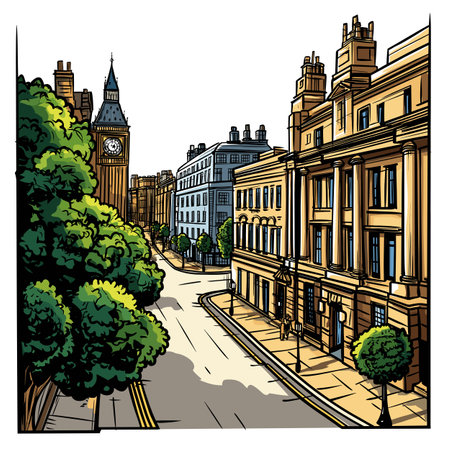 Downing street in London. Vector comic hand-drawn illustration of Downing streetのイラスト素材