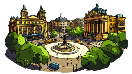 Piccadilly Circus in London. Vector comic hand-drawn illustration of Piccadilly Circusのイラスト素材