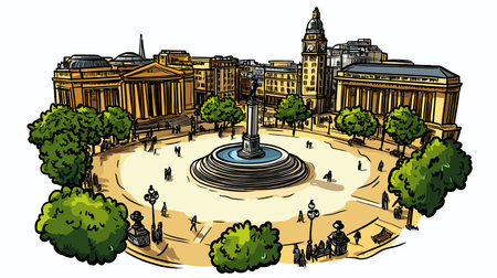 Trafalgar Square in London. Vector comic hand-drawn illustration of Trafalgar Squareのイラスト素材
