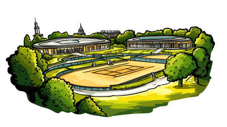 Wimbledon Tennis Complex in London. Vector comic hand-drawn illustration of Wimbledon Tennis Complexのイラスト素材
