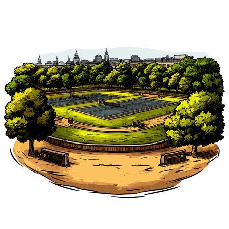 Wimbledon Tennis Complex in London. Vector comic hand-drawn illustration of Wimbledon Tennis Complexのイラスト素材