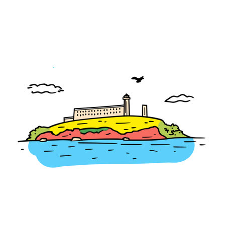 Simple minimalist drawing of Alcatraz Island. Alcatraz Island illustration in an inca doodle cartoon styleのイラスト素材