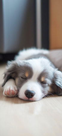 Australian shepherd puppy sleeps peacefully on a wooden floor, enjoying a moment of tranquilityの写真素材