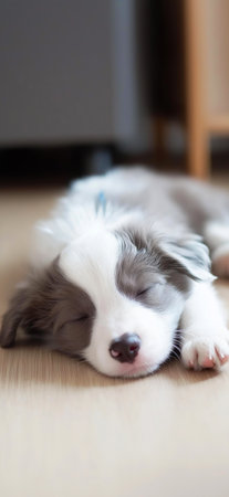 Australian shepherd puppy sleeps peacefully on a wooden floor, enjoying a moment of tranquilityの写真素材