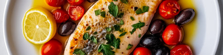 Delicious baked trout fillet seasoned with parsley, lemon, cherry tomatoes, and black olives, embodying the essence of Mediterranean cuisineの写真素材