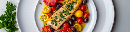 Delicious baked trout fillet seasoned with parsley, lemon, cherry tomatoes, and black olives,...