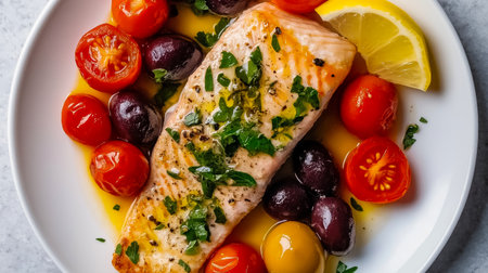 Delicious baked trout fillet seasoned with parsley, lemon, cherry tomatoes, and black olives, embodying the essence of Mediterranean cuisineの写真素材