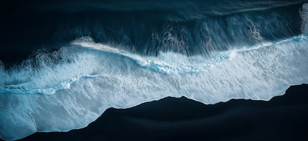 Stunning aerial perspective of ocean waves with white foam crashing on the black sand beach, showcasing the raw beauty of Icelandic natureの写真素材