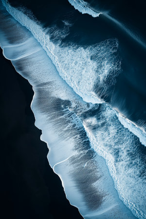 Stunning aerial perspective of ocean waves with white foam crashing on the black sand beach, showcasing the raw beauty of Icelandic natureの写真素材