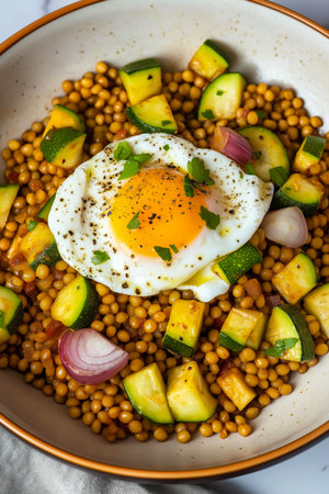 Warm Israeli couscous salad with roasted zucchini and red onion topped with a perfectly poached egg, fresh herbs and black pepperの写真素材