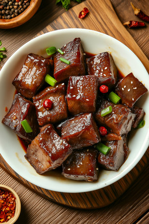 Chinese-style braised beef belly, seasoned with chilies and green onions, served in a white bowlの写真素材