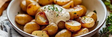 Small roasted potatoes seasoned with creamy garlic sauce, black pepper and fresh parsley
