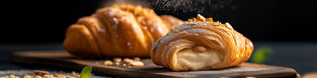 Freshly baked croissant filled with pastry cream and topped with flaked almonds, being sprinkled...