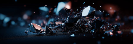 Black crystal exploding and creating shards, on a dark background with reflectionsの写真素材