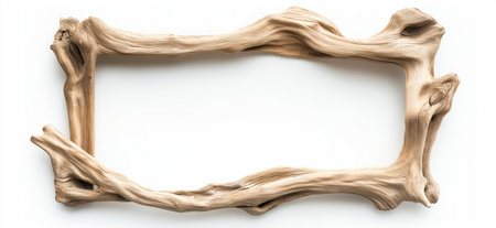 Natural driftwood branches forming a square frame on a minimalist white background, offering copy...