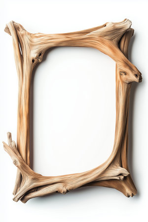Natural driftwood branches forming a square frame on a minimalist white background, offering copy spaceの写真素材