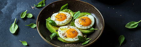 Healthy breakfast with fried eggs, avocado slices, baby spinach, and spices in a bowl, top viewの写真素材