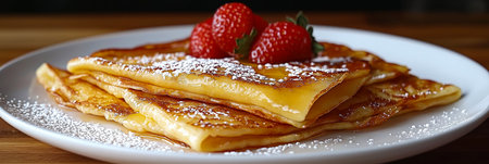 Delicious french toast crepes are topped with fresh strawberries, maple syrup and powdered sugar, creating a tempting breakfast treatの写真素材