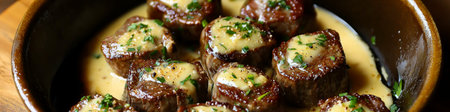 Grilled steak bites bathed in a rich and creamy parmesan sauce, seasoned with garlic butter and herbs, creating a flavorful and decadent dishの写真素材