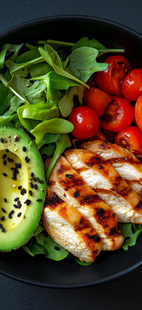 Healthy and delicious grilled chicken and avocado salad with cherry tomatoes and arugula, served in a black bowlの写真素材