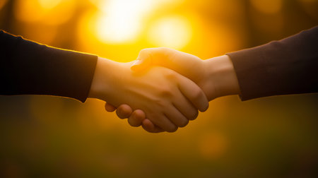 Two business people shaking hands in agreement at sunset, sealing a deal outdoorsの写真素材