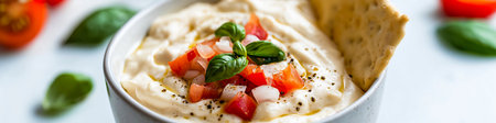Bowl of delicious cheese dip topped with fresh tomatoes, onions, basil, and a sprinkle of black...