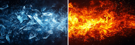 Ice and fire split background showing opposite concepts such as hot and cold, winter and summer